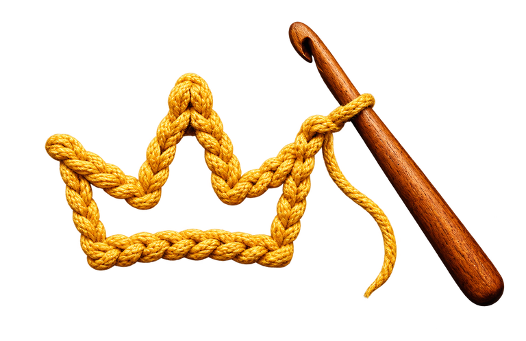 A golden crochet crown with a wooden crochet hook wand