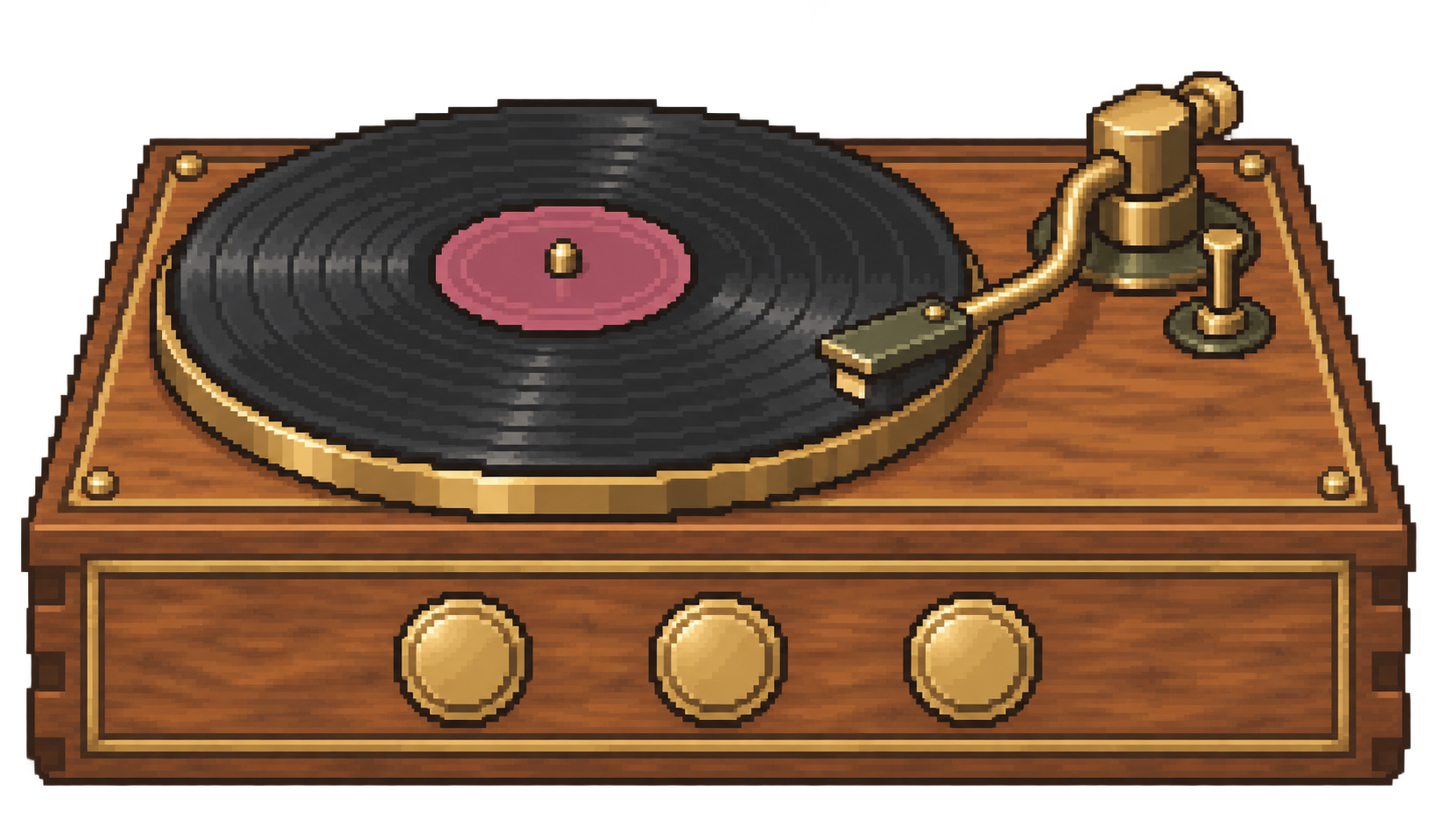 Vintage walnut record player with brass trim and a rose-labelled record