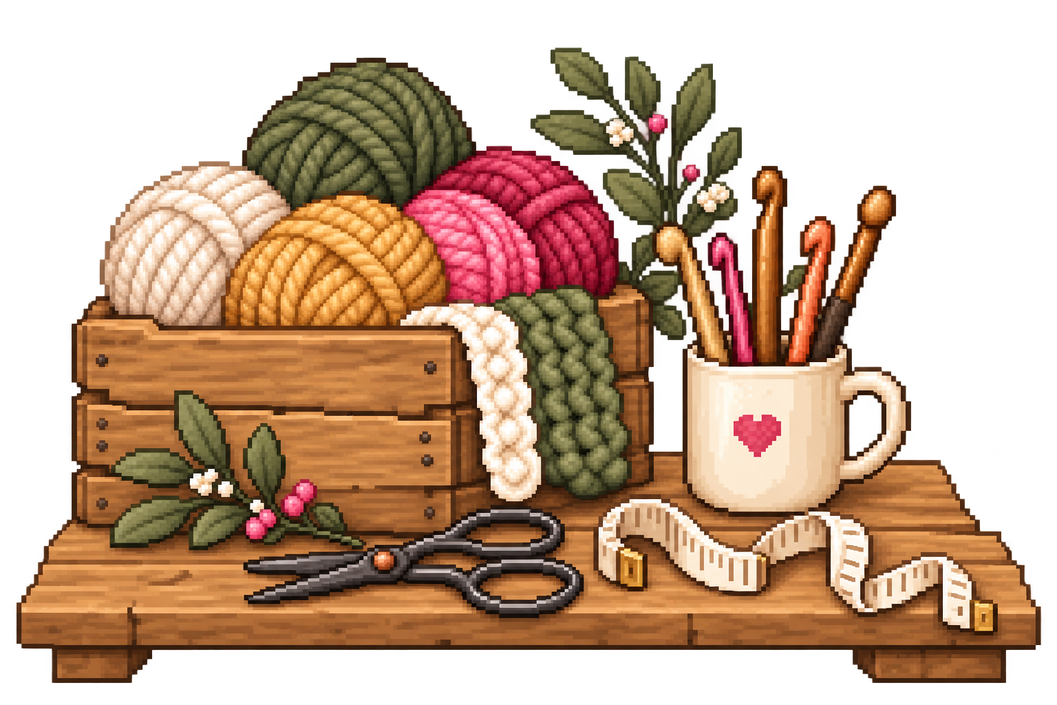 A cosy wooden crafting bench with colourful yarn, crochet hooks and a heart mug.