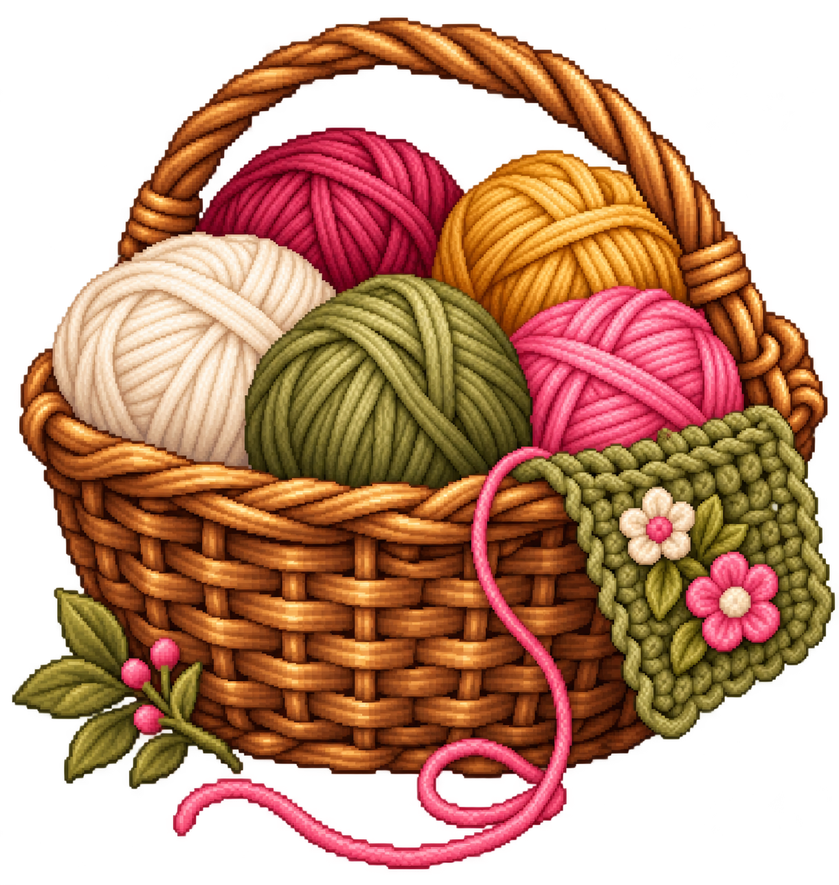 A basket of yarn in honey, olive and pink.