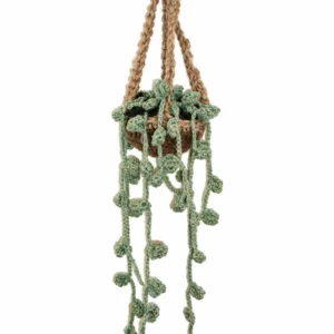 Sage-green crochet hanging vines in a brown yarn basket with tan suspension straps on white
